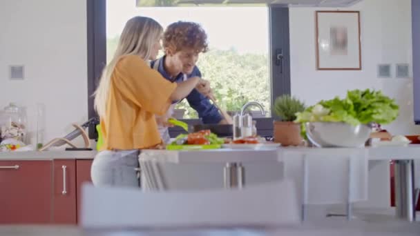 Dos personas cocinando y preparando comida en casa. Pareja joven cocinando en casa preparando el almuerzo. Hombre y mujer cocinando en la cocina.Comida saludable, verduras, tomates, ensalada. Vista frontal MS — Vídeo de stock