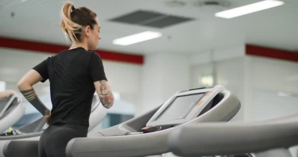 Una joven corriendo en una cinta en el gimnasio. Vista trasera. Entrenamiento de mujeres en el gimnasio. Mujer ejercitando ejercicio cardiovascular — Vídeos de Stock