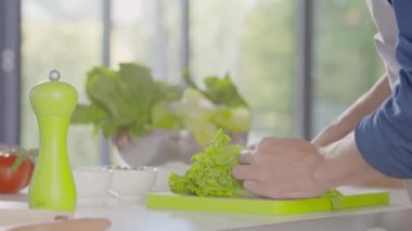 Evdeki açık uzay mutfağında salata kesen adamların ayrıntıları. Akdeniz sağlıklı diyet sebzeleri, domatesler, salata. Modern aşk ilişkisi, yardım videosu