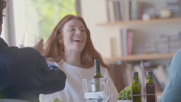 Vier Menschen stoßen zu Hause gemeinsam an. Freunde treffen sich zu Hause. Freunde stoßen beim Mittagessen an. — Stockvideo