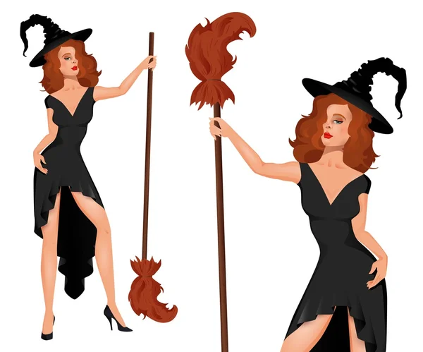 Young witch in a hat with broom. Halloween. — Stock Vector