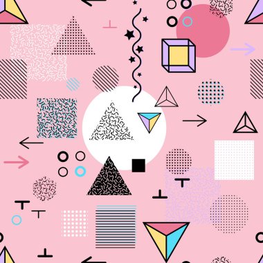 Trendy geometrik öğeleri memphis kartları, seamless modeli. Retro tarzı doku. Modern soyut tasarım poster, kapak, kart tasarımı