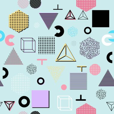 Trendy geometrik öğeleri memphis kartları, seamless modeli. Retro tarzı doku. Modern soyut tasarım poster, kapak, kart tasarımı