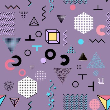 Trendy geometrik öğeleri memphis kartları, seamless modeli. Retro tarzı doku. Modern soyut tasarım poster, kapak, kart tasarımı