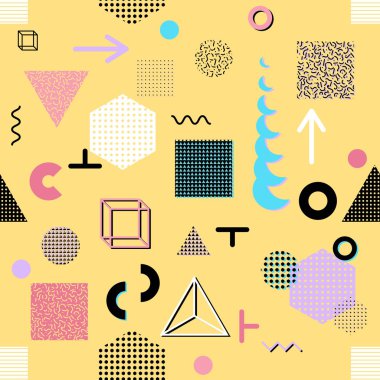 Trendy geometrik öğeleri memphis kartları, seamless modeli. Retro tarzı doku. Modern soyut tasarım poster, kapak, kart tasarımı