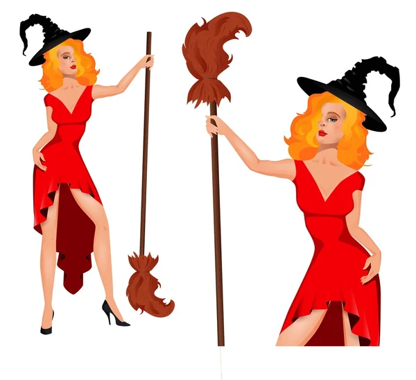 Fiatal boszorkány seprű egy kalap. Halloween. — Stock Vector