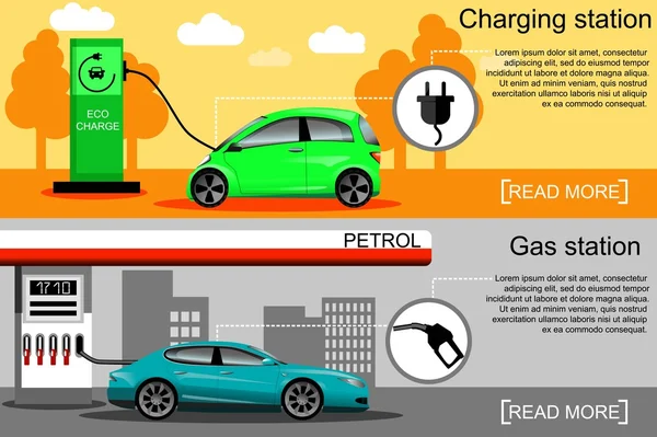 Kendaraan listrik dan bahan bakar mobil bensin - Stok Vektor