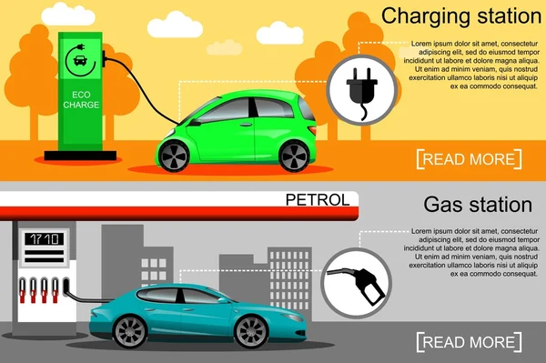 电动汽车和汽油车加气 — 图库矢量图片