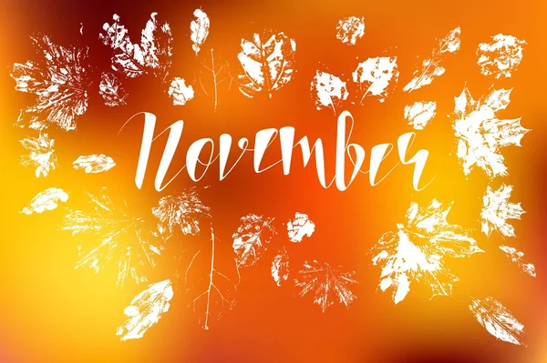 Hola noviembre, hojas de otoño brillantes y letras — Vector de stock