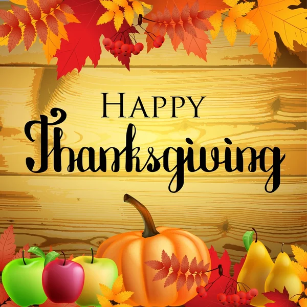Thanksgiving gratulationskort med blad, pumpa på trä bakgrund. — Stock vektor
