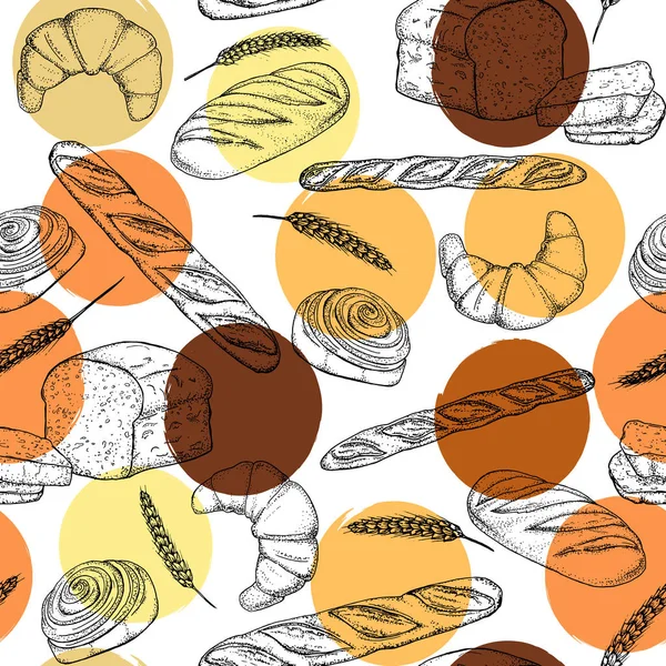 Bread, seamless pattern with bakery products, french baguette, croissant and bun