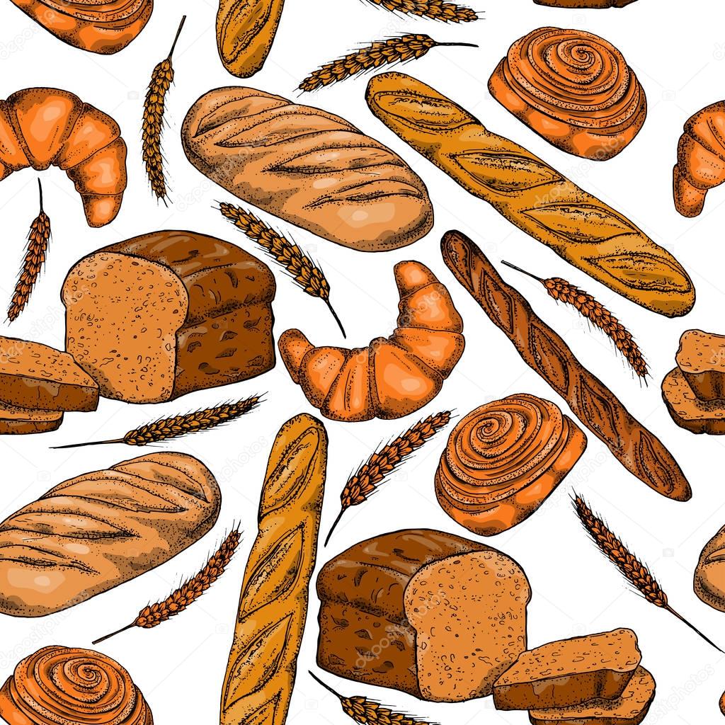 Bread, seamless pattern with bakery products, french baguette, croissant and bun