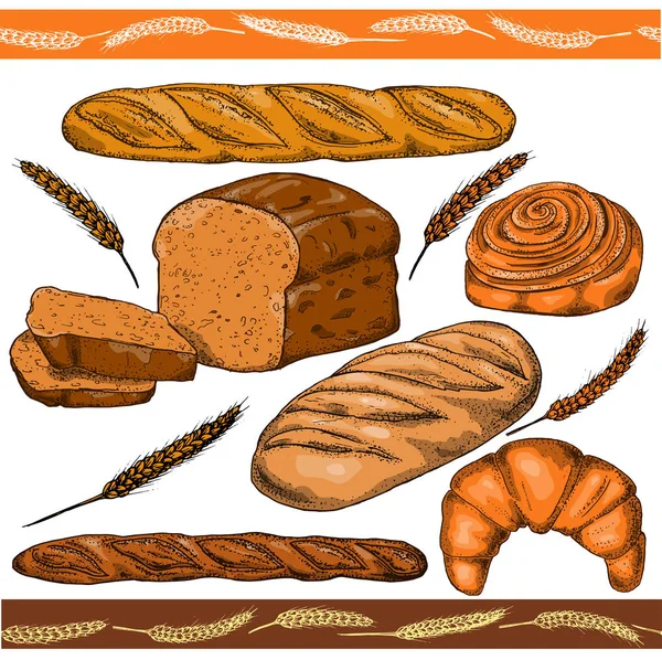 Set de comida elaborada a mano: pan, baguette francés, croissant y bollo. Ilustración vectorial, aislada en blanco — Vector de stock