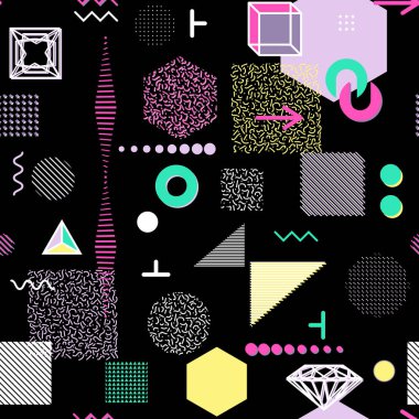 Trendy geometrik öğeleri memphis kartları, seamless modeli. Retro tarzı doku. Modern soyut tasarım poster, kapak, kart tasarımı