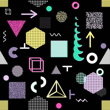 Trendy geometrik öğeleri memphis kartları, seamless modeli. Retro tarzı doku. Modern soyut tasarım poster, kapak, kart tasarımı