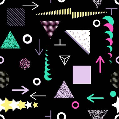 Trendy geometrik öğeleri memphis kartları, seamless modeli. Retro tarzı doku. Modern soyut tasarım poster, kapak, kart tasarımı