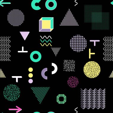 Trendy geometrik öğeleri memphis kartları, seamless modeli. Retro tarzı doku. Modern soyut tasarım poster, kapak, kart tasarımı