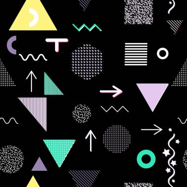 Trendy geometrik öğeleri memphis kartları, seamless modeli. Retro tarzı doku. Modern soyut tasarım poster, kapak, kart tasarımı