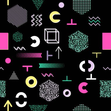 Trendy geometrik öğeleri memphis kartları, seamless modeli. Retro tarzı doku. Modern soyut tasarım poster, kapak, kart tasarımı