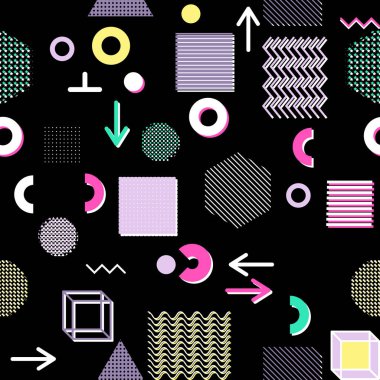 Trendy geometrik öğeleri memphis kartları, seamless modeli. Retro tarzı doku. Modern soyut tasarım poster, kapak, kart tasarımı