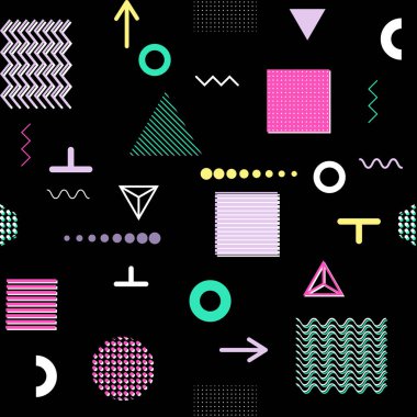 Trendy geometrik öğeleri memphis kartları, seamless modeli. Retro tarzı doku. Modern soyut tasarım poster, kapak, kart tasarımı