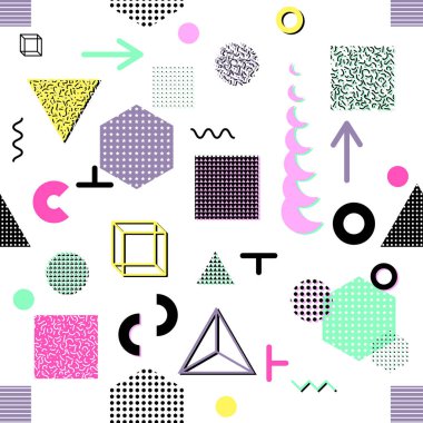 Trendy geometrik öğeleri memphis kartları, seamless modeli. Retro tarzı doku. Modern soyut tasarım poster, kapak, kart tasarımı