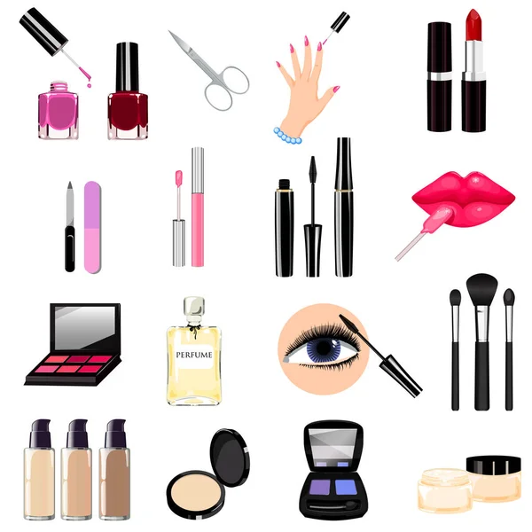 Seth cosmétiques, manucure, beauté, parfums icônes — Image vectorielle