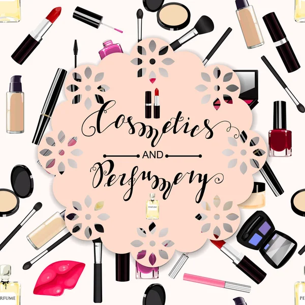 Maquillage, parfum, cosmétiques motif sans couture . — Image vectorielle