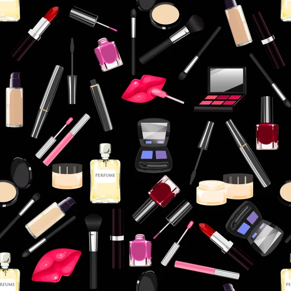 Maquillaje, perfume, cosméticos patrón sin costuras . — Vector de stock