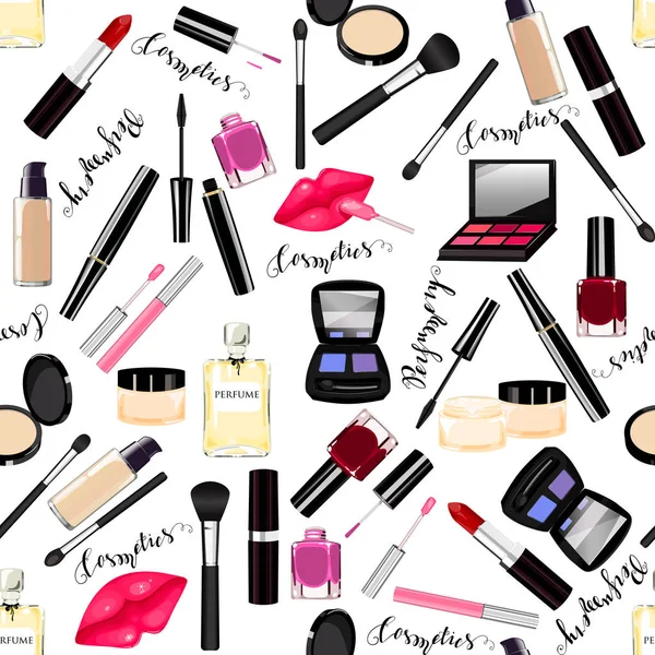 Maquillage, parfum, cosmétiques motif sans couture . — Image vectorielle