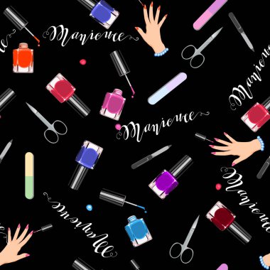 Seamless pattern manicure tools on a white background. Vector illustration. Hand drawing manicure tools. Manicure tools card. clipart