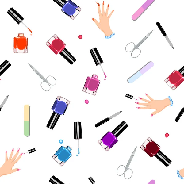 Płynny wzór narzędzi manicure na białym tle. Ilustracja wektora. Ręczne narzędzia do manicure. Karta narzędzi manicure. — Wektor stockowy