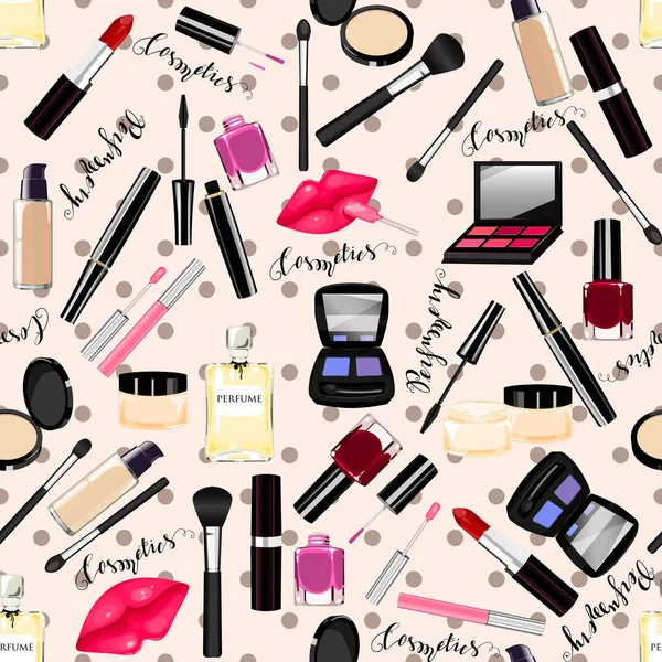 Maquillage, parfum, cosmétiques motif sans couture . — Image vectorielle