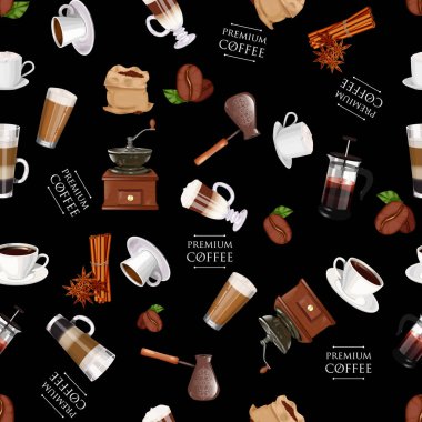 Kahve öğeleri seamless modeli. Kahve değirmeni, tarçın, Kupası, kahve, cappuccino, latte, americano, espresso