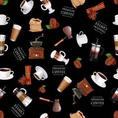 Kahve öğeleri seamless modeli. Kahve değirmeni, tarçın, fincan, kahve, cappuccino, latte, americano, espresso