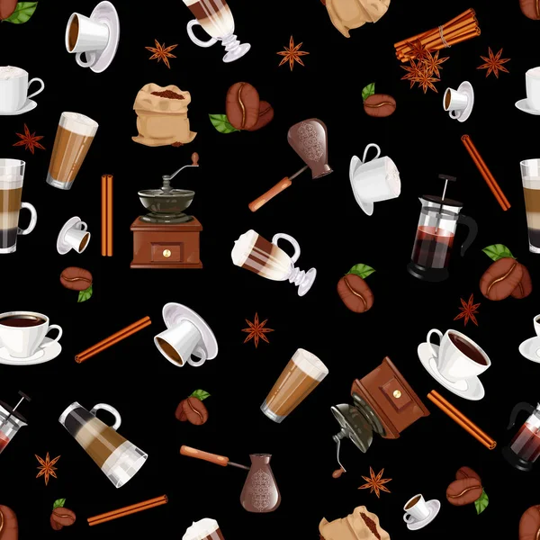 Éléments de café motif sans couture. Moulin à café, cannelle, tasse, café, cappuccino, latte, americano, espresso — Image vectorielle