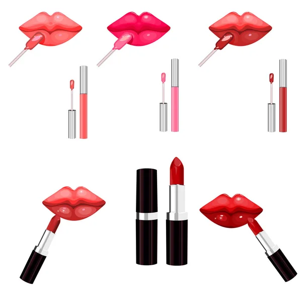 Brillo labial rosa claro y palo labial aislado en blanco. Juego de maquillaje para los labios. Ilustración vectorial — Vector de stock