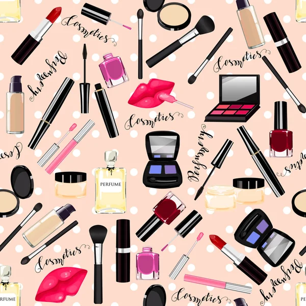 Maquillage, parfum, cosmétiques motif sans couture . — Image vectorielle