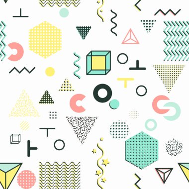 Trendy geometrik öğeleri memphis kartları, seamless modeli.