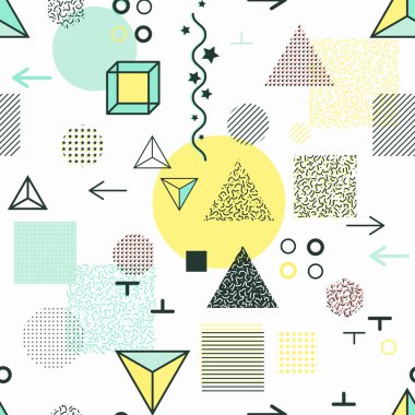 Trendy geometrik öğeleri memphis kartları, seamless modeli.