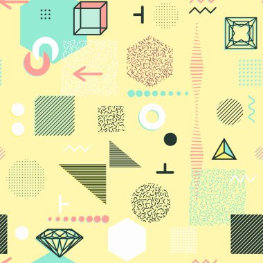 Trendy geometrik öğeleri memphis kartları, seamless modeli.