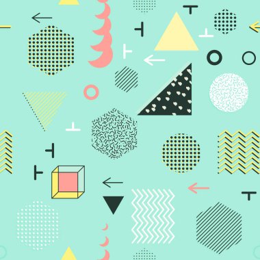 Trendy geometrik öğeleri memphis kartları, seamless modeli.