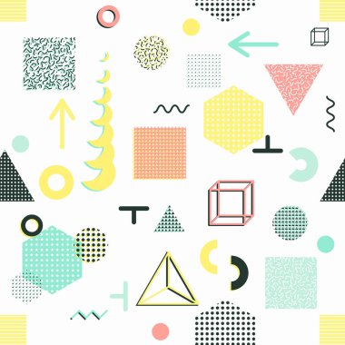 Trendy geometrik öğeleri memphis kartları, seamless modeli.