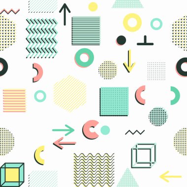 Trendy geometrik öğeleri memphis kartları, seamless modeli.