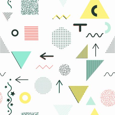 Trendy geometrik öğeleri memphis kartları, seamless modeli.