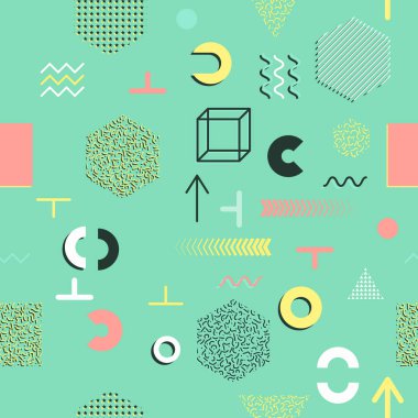 Trendy geometrik öğeleri memphis kartları, seamless modeli.