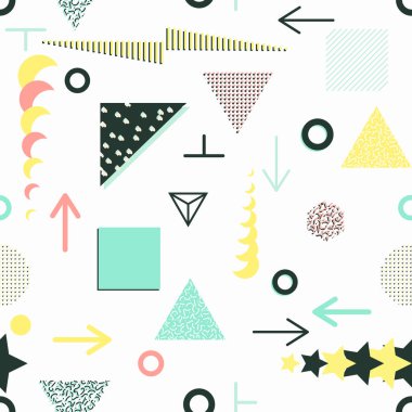 Trendy geometrik öğeleri memphis kartları, seamless modeli.