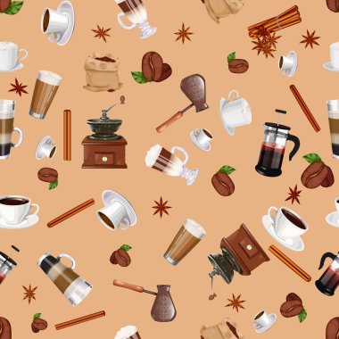 Kahve öğeleri seamless modeli. Kahve değirmeni, tarçın, fincan, kahve, cappuccino, latte, americano, espresso