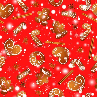 Zencefilli kurabiye adam, kalp, kar taneleri, kar ile Noel tasarım. Vektör seamless modeli