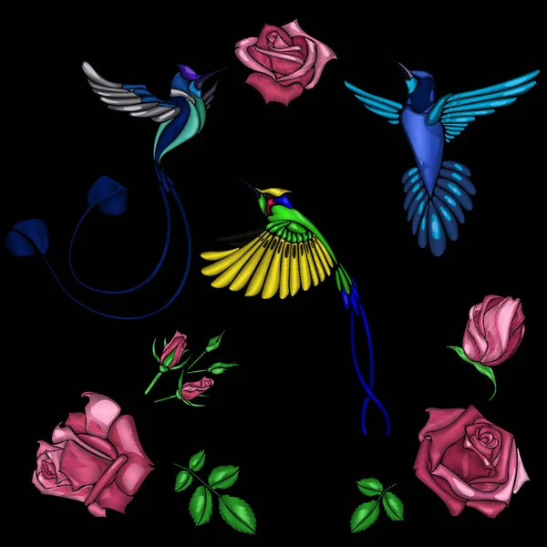 Bordado de rosas y pájaros — Archivo Imágenes Vectoriales